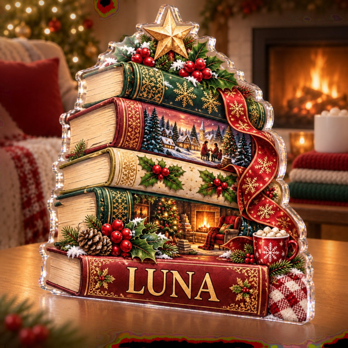 Personalized Christmas Book Stack Family Christmas Keepsake custom shape acrylic plaque with an example name set into the artwork, digital preview