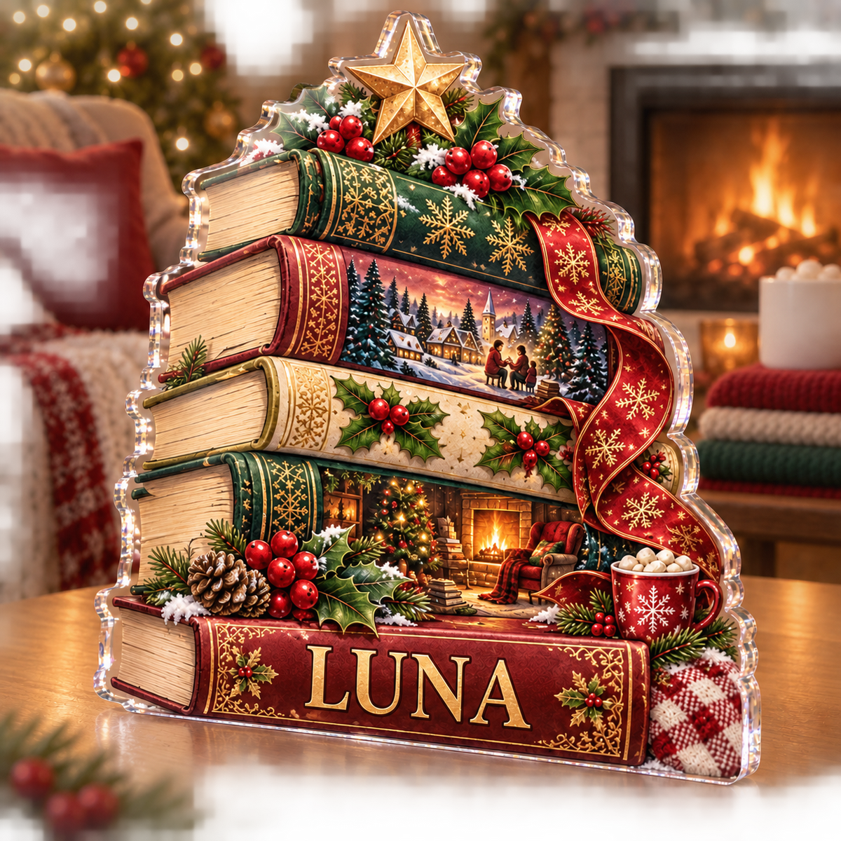Artwork visualization: Christmas book stack — family Christmas keepsake, personalized LUNA, subject-shaped acrylic with printed optical 3D depth; not carved relief.