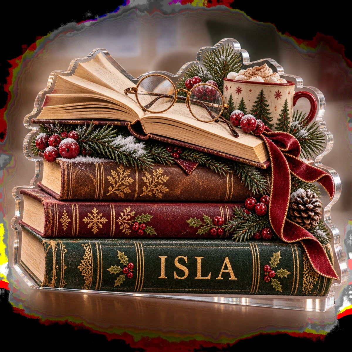 Personalized Christmas Book Stack Winter Sofa Decoration custom shape acrylic plaque with an example name set into the artwork, digital preview