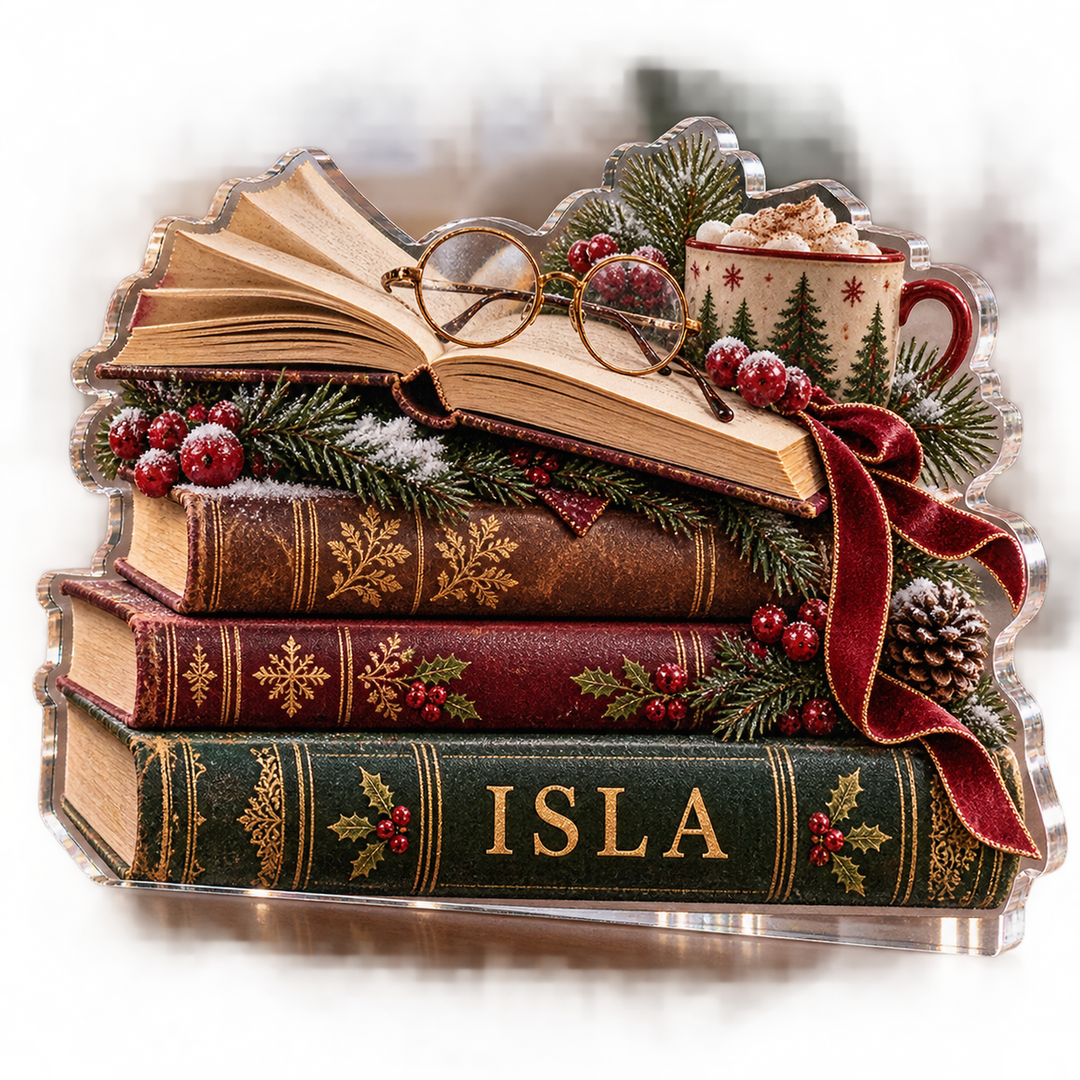 Artwork visualization: Christmas book stack — winter sofa decoration, personalized ISLA, subject-shaped acrylic with printed optical 3D depth; not carved relief.