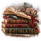 Artwork visualization: Christmas book stack — winter sofa decoration, personalized ISLA, subject-shaped acrylic with printed optical 3D depth; not carved relief.