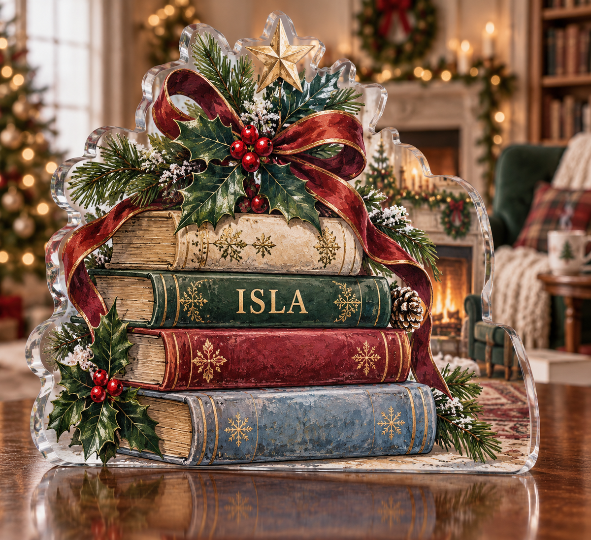 Artwork visualization: Christmas book stack — host holiday gift, personalized ISLA, subject-shaped acrylic with printed optical 3D depth; not carved relief.