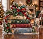 Artwork visualization: Christmas book stack — host holiday gift, personalized ISLA, subject-shaped acrylic with printed optical 3D depth; not carved relief.