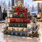 Artwork visualization: Christmas book stack — office winter desk, personalized MIA, subject-shaped acrylic with printed optical 3D depth; not carved relief.