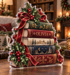 Artwork visualization: Christmas book stack — family matching holiday, personalized OLIVIA, subject-shaped acrylic with printed optical 3D depth; not carved relief.