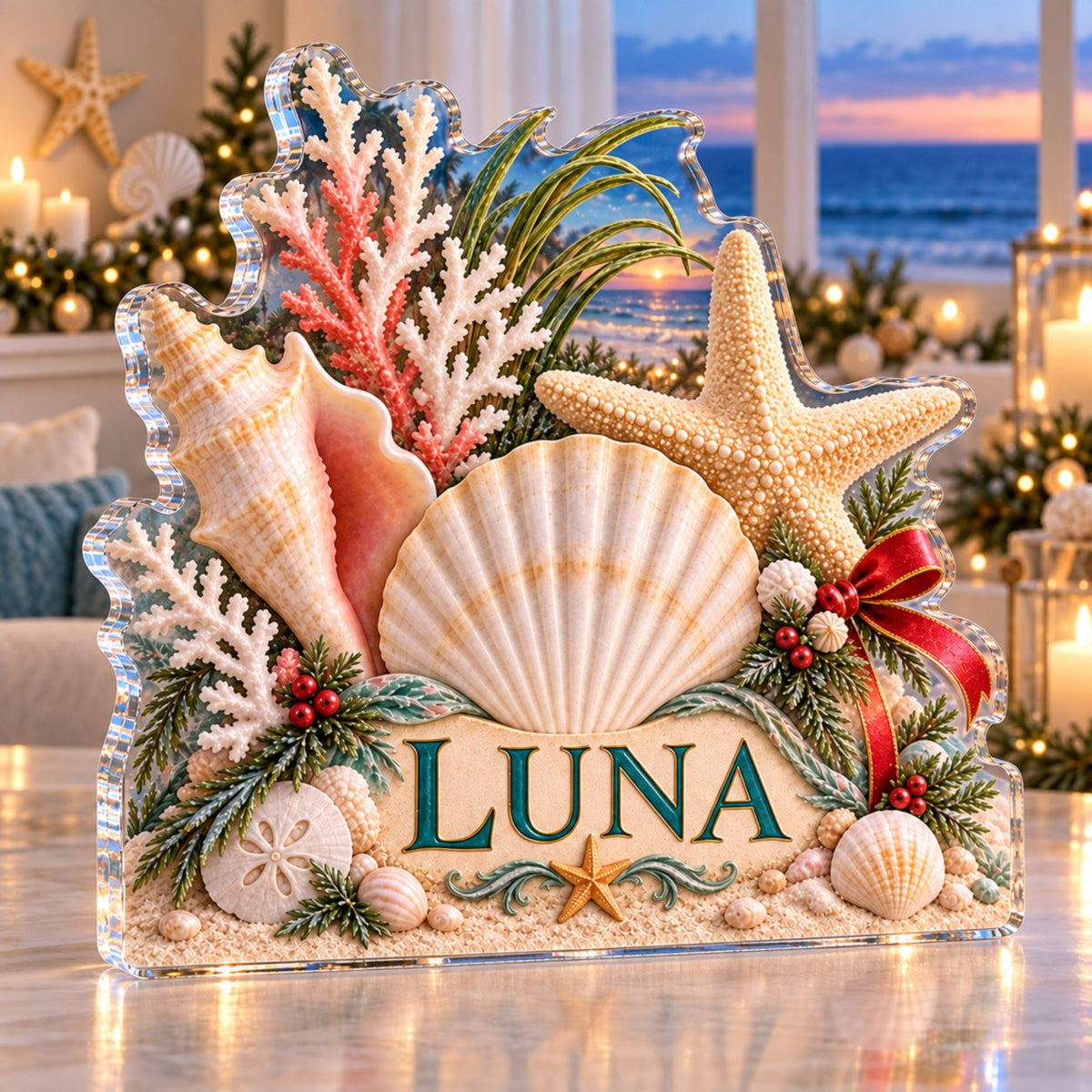 Personalized Coastal Christmas Shells Family Christmas Keepsake custom shape acrylic plaque with an example name set into the artwork, digital preview