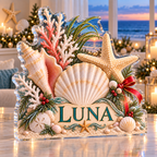 Artwork visualization: Coastal Christmas shells — family Christmas keepsake, personalized LUNA, subject-shaped acrylic with printed optical 3D depth; not carved relief.