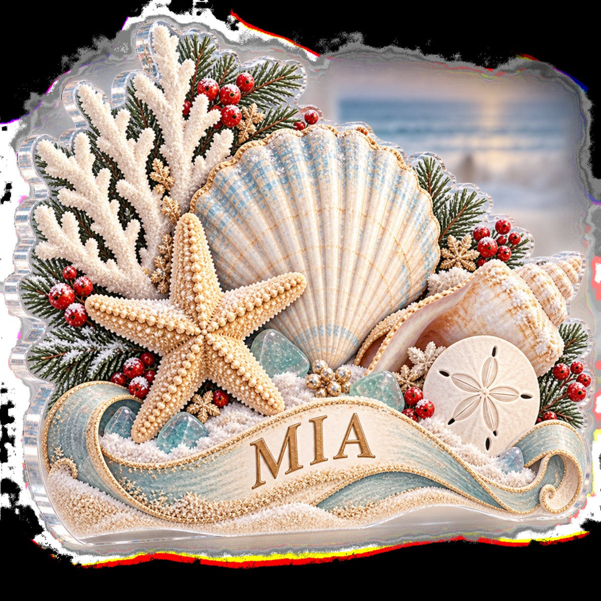 Personalized Coastal Christmas Shells Winter Sofa Decoration custom shape acrylic plaque with an example name set into the artwork, digital preview