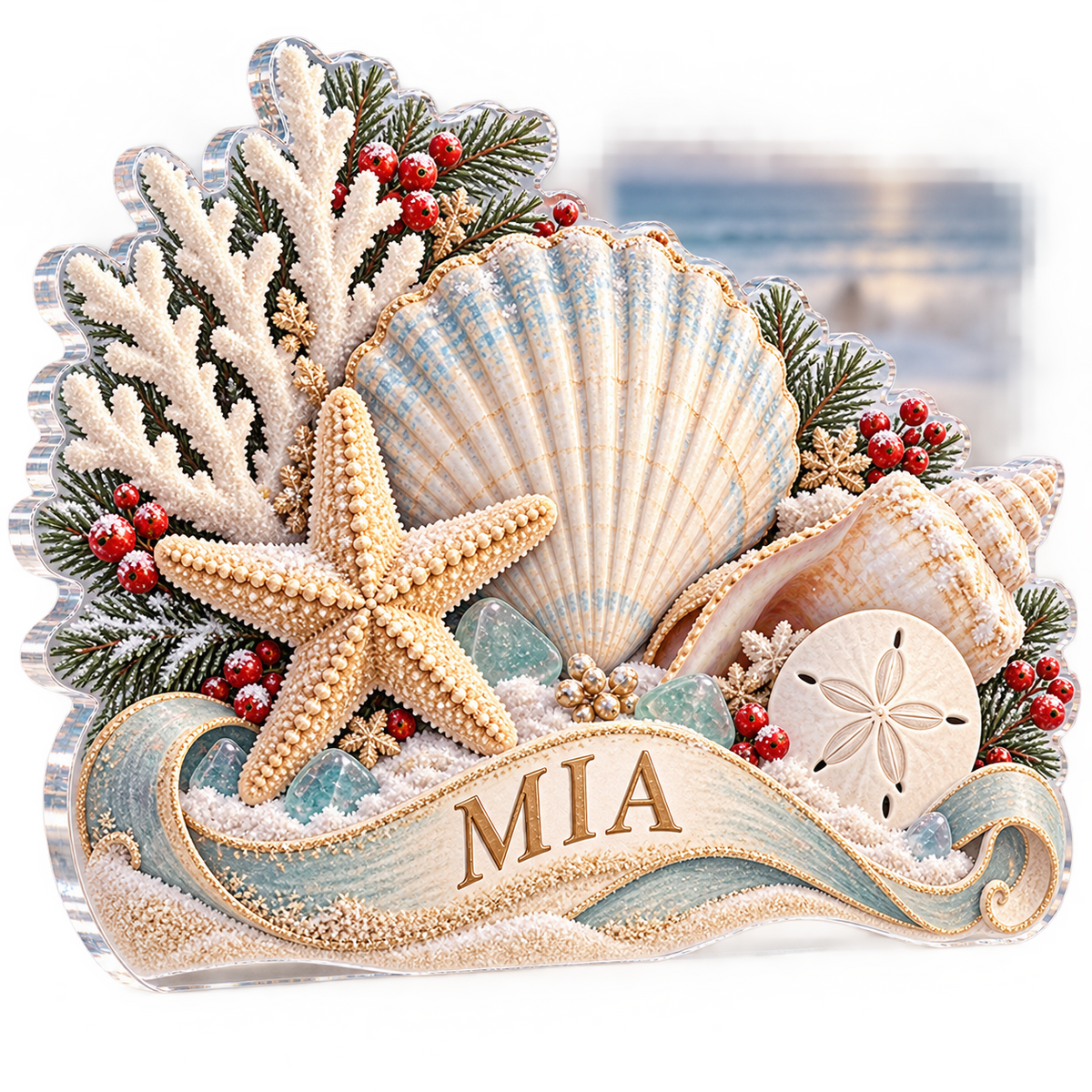 Artwork visualization: Coastal Christmas shells — winter sofa decoration, personalized MIA, subject-shaped acrylic with printed optical 3D depth; not carved relief.