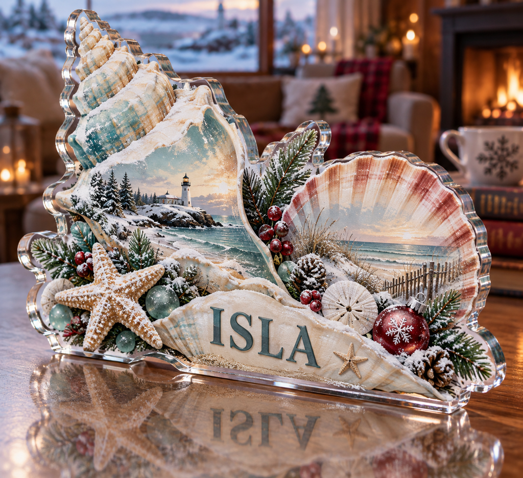 Artwork visualization: Coastal Christmas shells — cozy winter reading, personalized ISLA, subject-shaped acrylic with printed optical 3D depth; not carved relief.