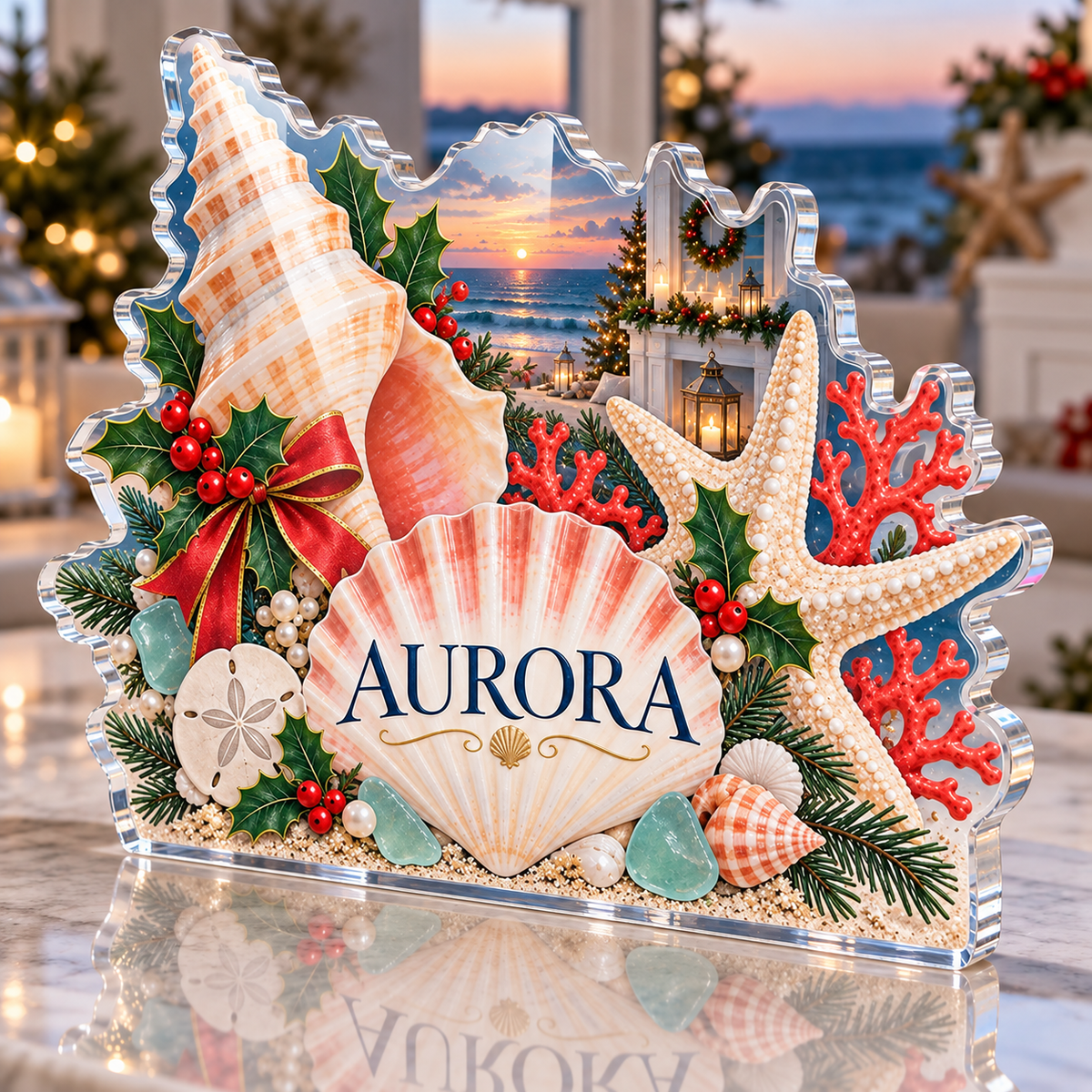 Artwork visualization: Coastal Christmas shells — host holiday gift, personalized AURORA, subject-shaped acrylic with printed optical 3D depth; not carved relief.