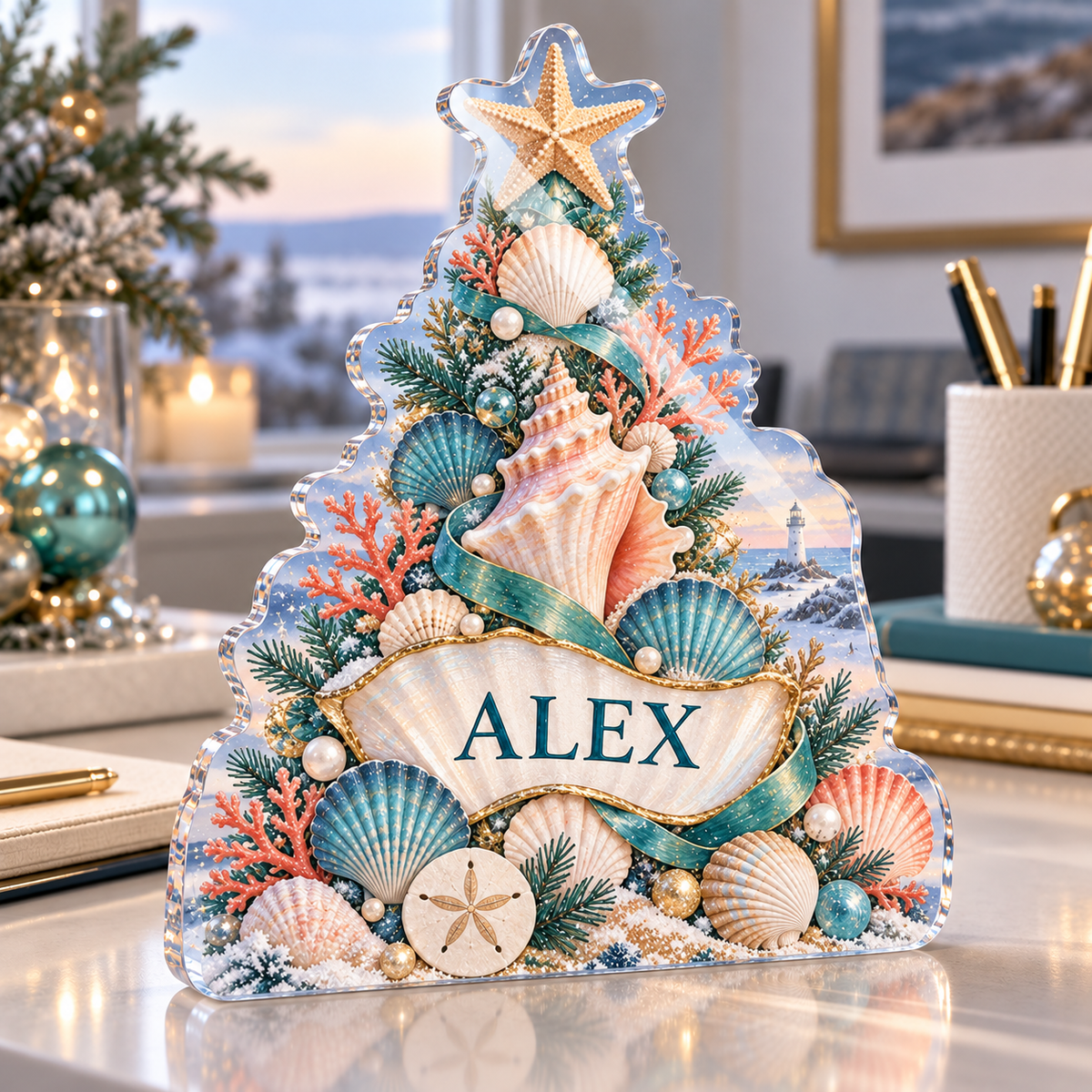 Artwork visualization: Coastal Christmas shells — office winter desk, personalized ALEX, subject-shaped acrylic with printed optical 3D depth; not carved relief.