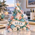 Artwork visualization: Coastal Christmas shells — office winter desk, personalized ALEX, subject-shaped acrylic with printed optical 3D depth; not carved relief.