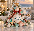Artwork visualization: Coastal Christmas shells — family matching holiday, personalized AVA, subject-shaped acrylic with printed optical 3D depth; not carved relief.