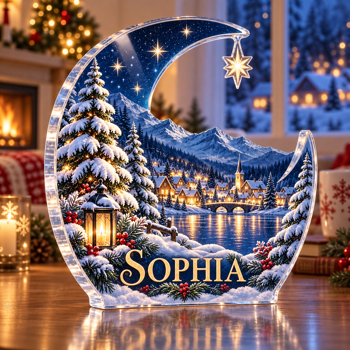 Artwork visualization: Celestial winter night — family Christmas keepsake, personalized SOPHIA, subject-shaped acrylic with printed optical 3D depth; not carved relief.