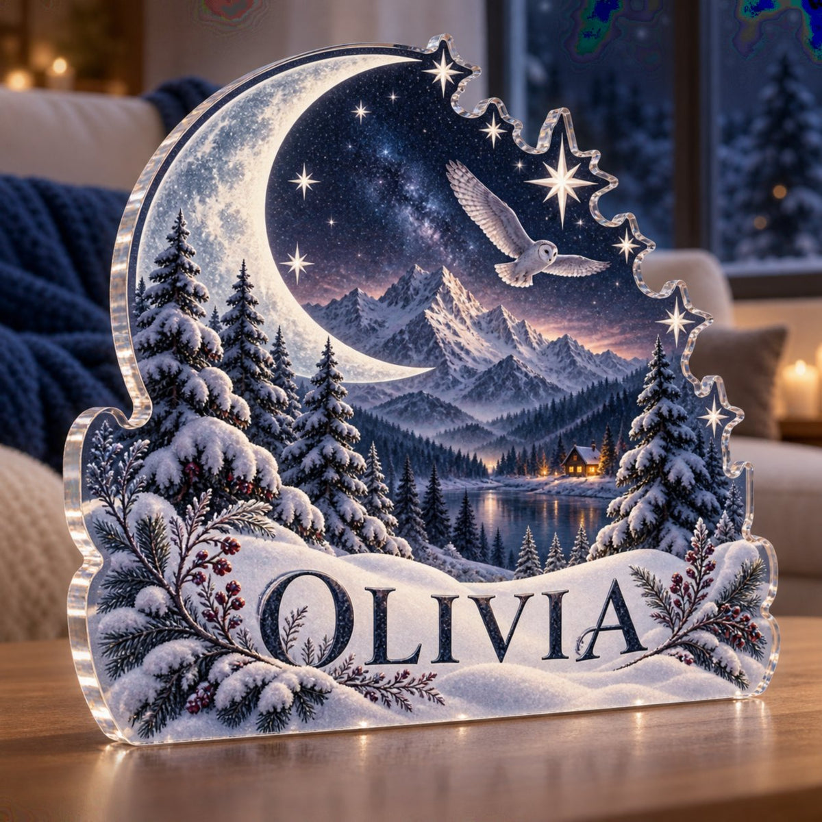 Personalized Celestial Winter Night Winter Sofa Decoration custom shape acrylic plaque with an example name set into the artwork, digital preview