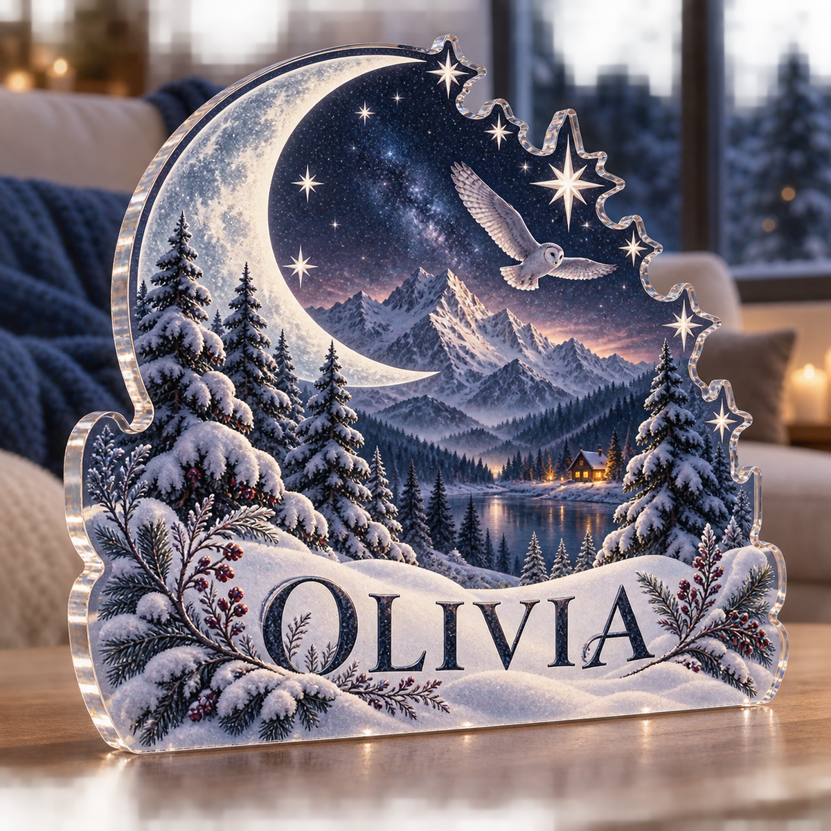 Artwork visualization: Celestial winter night — winter sofa decoration, personalized OLIVIA, subject-shaped acrylic with printed optical 3D depth; not carved relief.