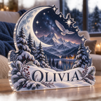 Artwork visualization: Celestial winter night — winter sofa decoration, personalized OLIVIA, subject-shaped acrylic with printed optical 3D depth; not carved relief.