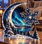 Artwork visualization: Celestial winter night — cozy winter reading, personalized AVA, subject-shaped acrylic with printed optical 3D depth; not carved relief.