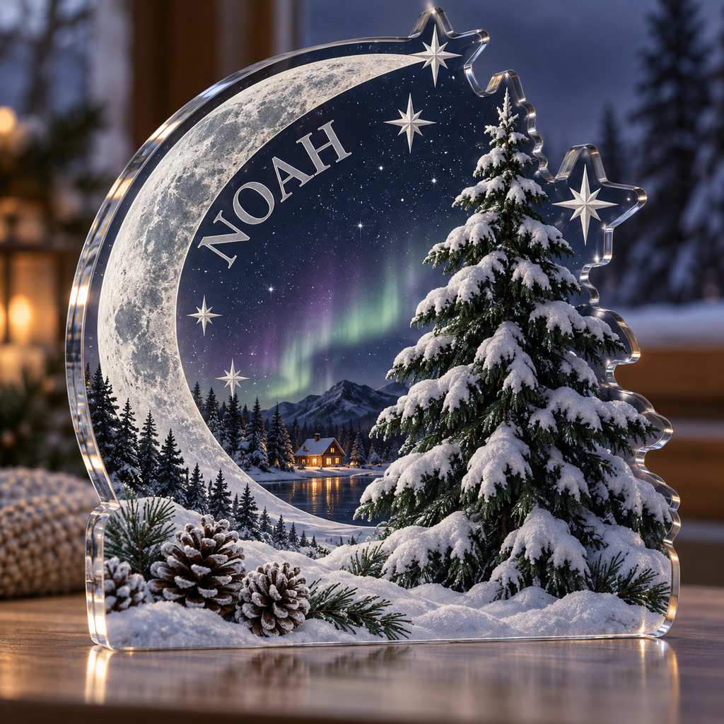 Artwork visualization: Celestial winter night — host holiday gift, personalized NOAH, subject-shaped acrylic with printed optical 3D depth; not carved relief.
