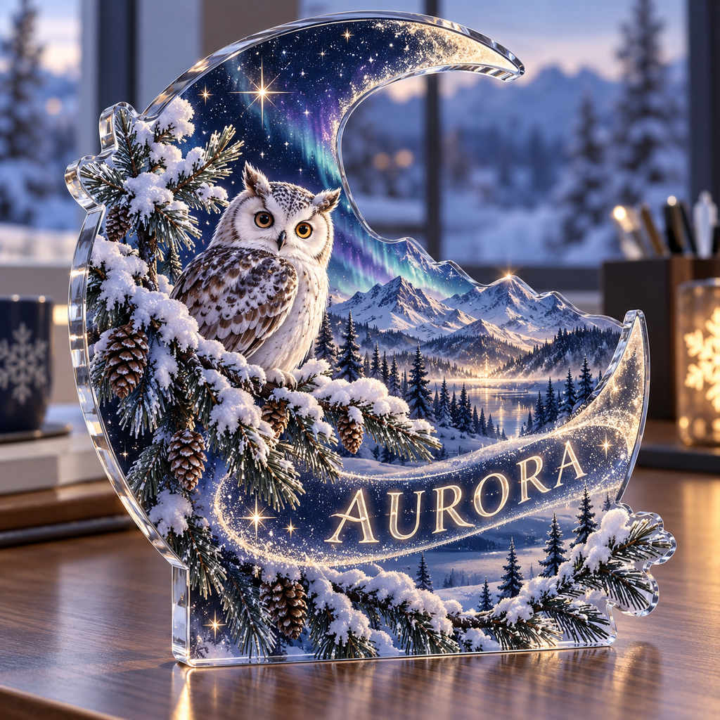 Artwork visualization: Celestial winter night — office winter desk, personalized AURORA, subject-shaped acrylic with printed optical 3D depth; not carved relief.