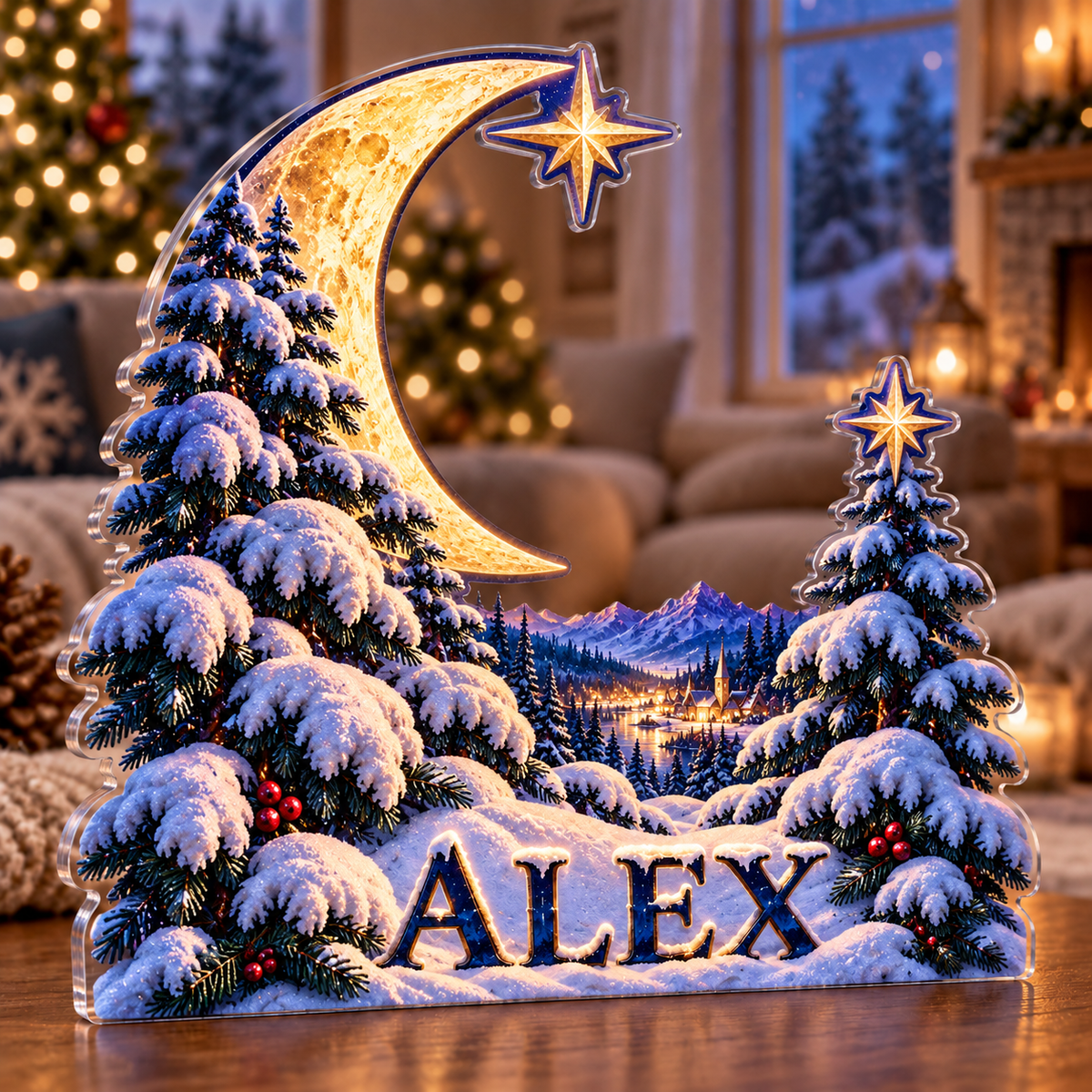 Personalized Celestial Winter Night — First Holiday Milestone acrylic plaque with an example name set into the artwork, digital preview
