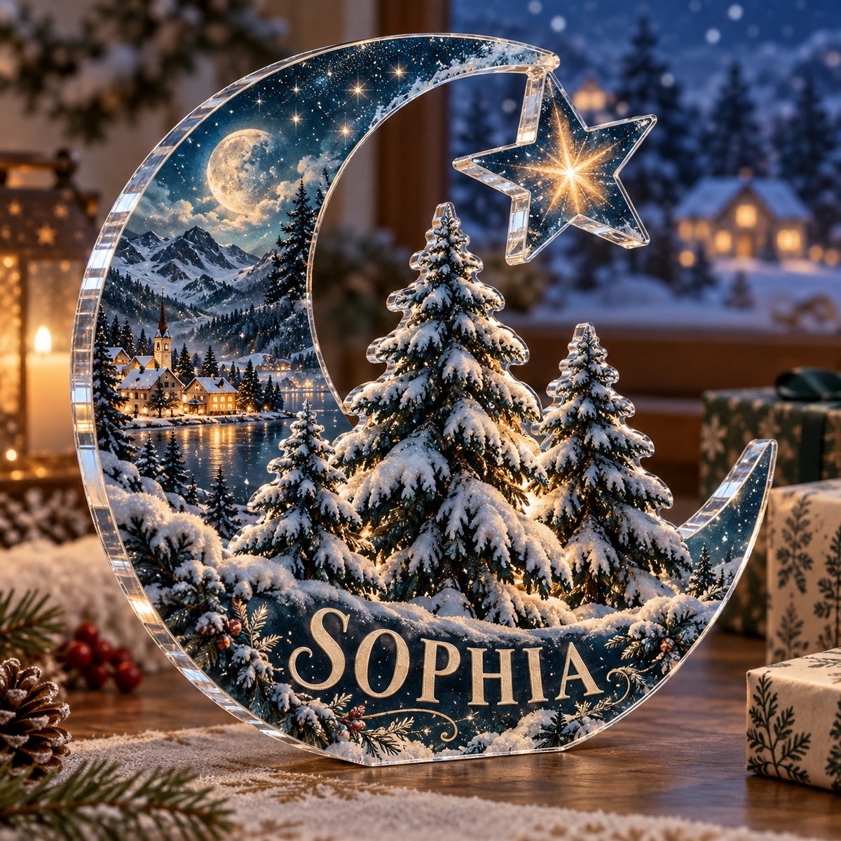 Personalized acrylic plaque with an example name set into the artwork, digital preview