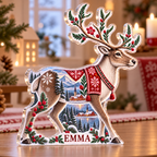 Artwork visualization: Nordic folk winter — family Christmas keepsake, personalized EMMA, subject-shaped acrylic with printed optical 3D depth; not carved relief.