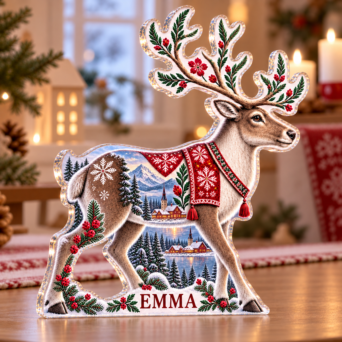 Artwork visualization: Nordic folk winter — family Christmas keepsake, personalized EMMA, subject-shaped acrylic with printed optical 3D depth; not carved relief.
