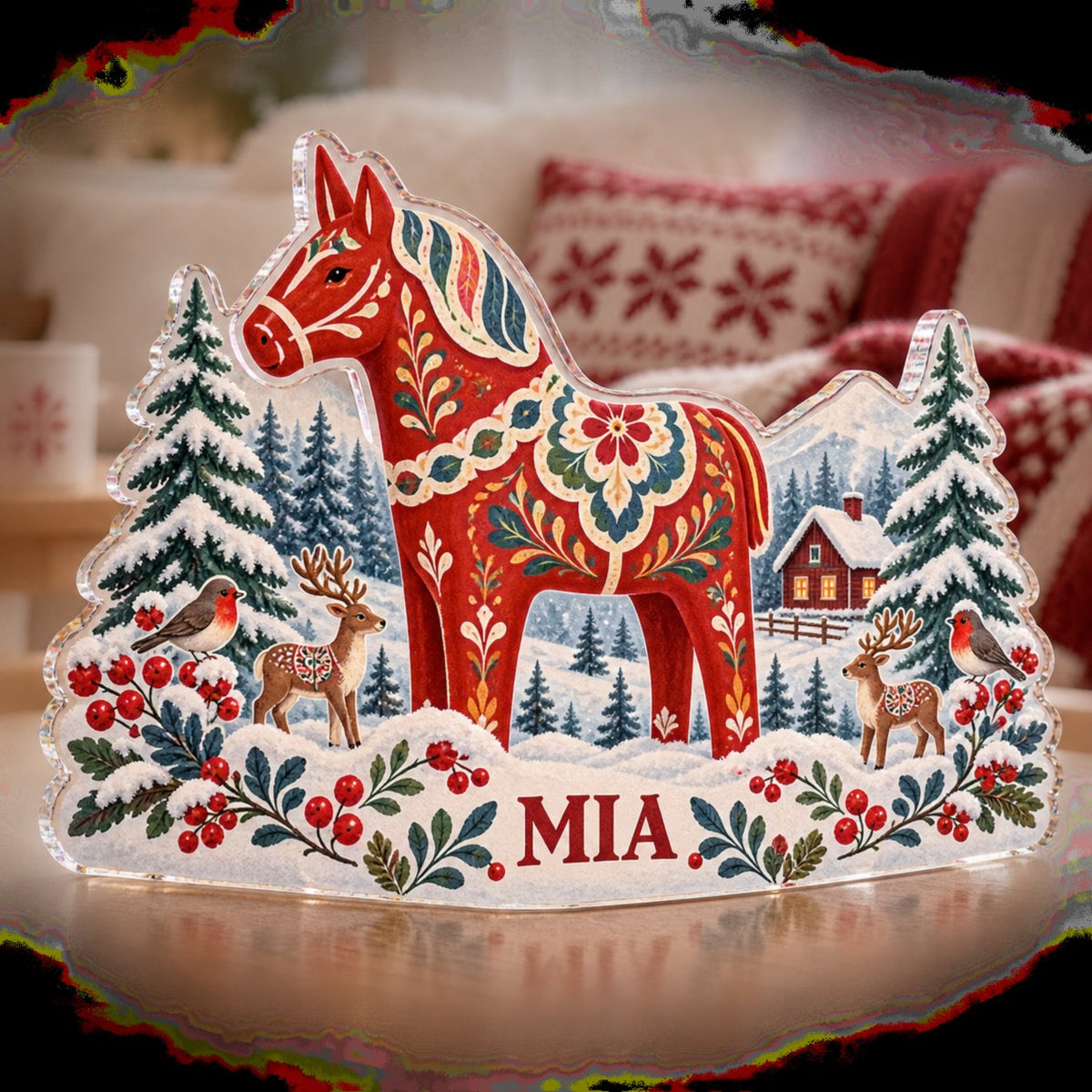 Personalized Nordic Folk Winter Winter Sofa Decoration custom shape acrylic plaque with an example name set into the artwork, digital preview