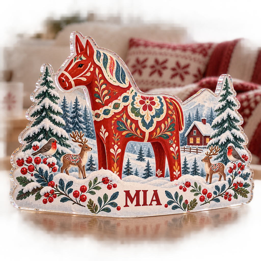Artwork visualization: Nordic folk winter — winter sofa decoration, personalized MIA, subject-shaped acrylic with printed optical 3D depth; not carved relief.