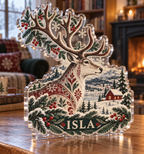 Artwork visualization: Nordic folk winter — cozy winter reading, personalized ISLA, subject-shaped acrylic with printed optical 3D depth; not carved relief.