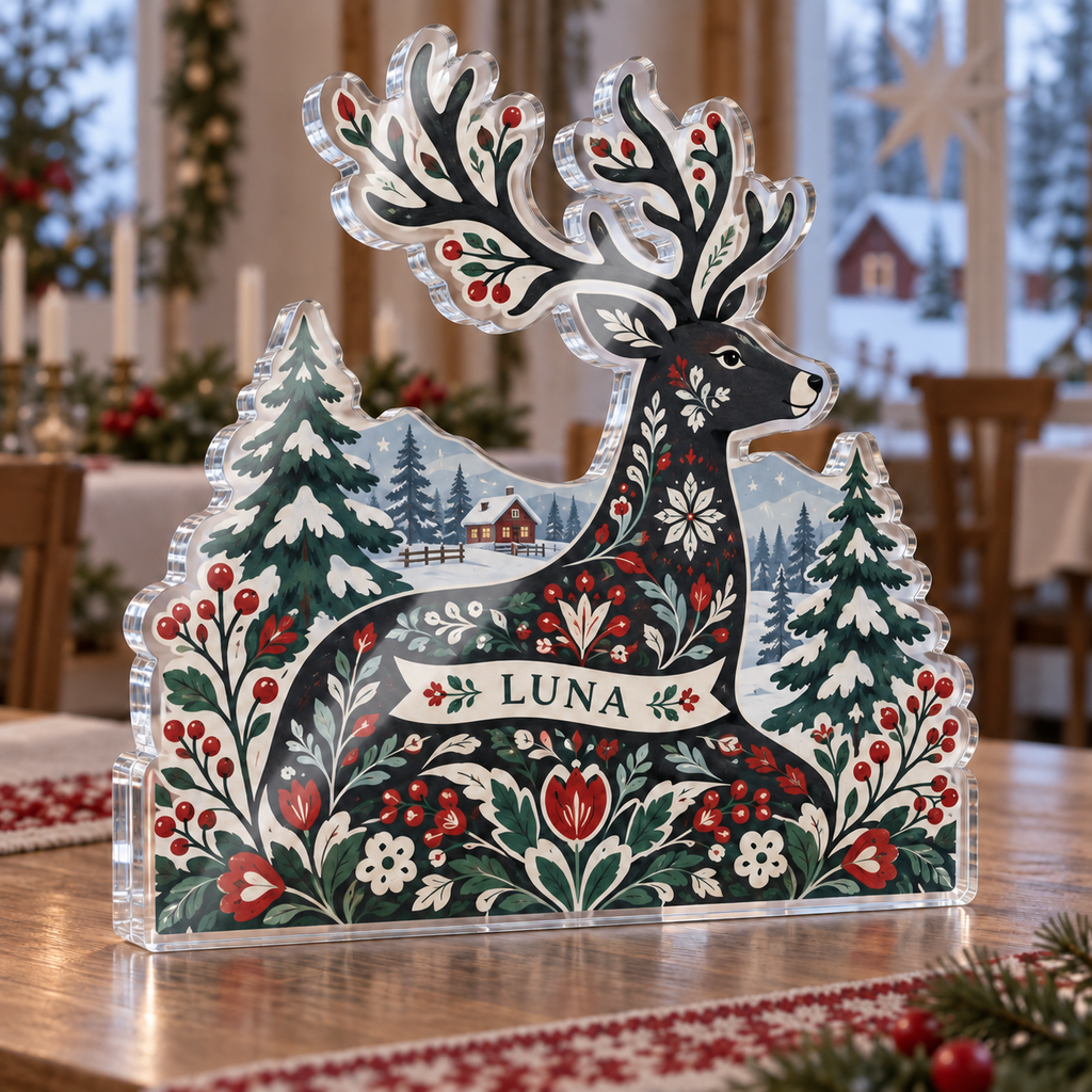 Artwork visualization: Nordic folk winter — host holiday gift, personalized LUNA, subject-shaped acrylic with printed optical 3D depth; not carved relief.