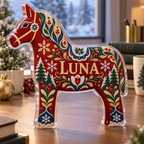 Artwork visualization: Nordic folk winter — office winter desk, personalized LUNA, subject-shaped acrylic with printed optical 3D depth; not carved relief.