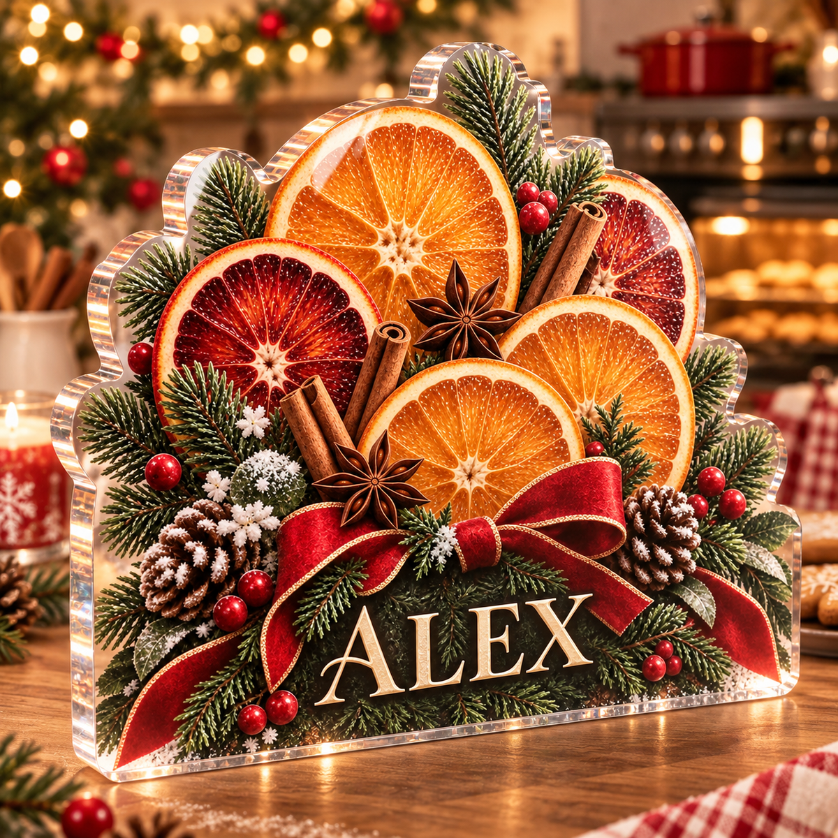 Artwork visualization: Holiday citrus slices — family Christmas keepsake, personalized ALEX, subject-shaped acrylic with printed optical 3D depth; not carved relief.