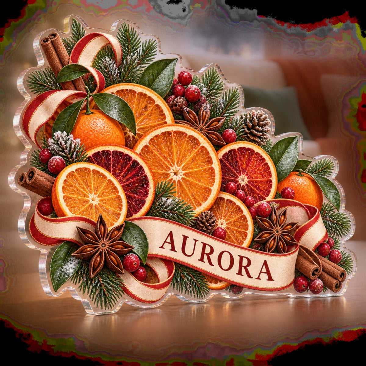 Personalized Holiday Citrus Slices Winter Sofa Decoration custom shape acrylic plaque with an example name set into the artwork, digital preview