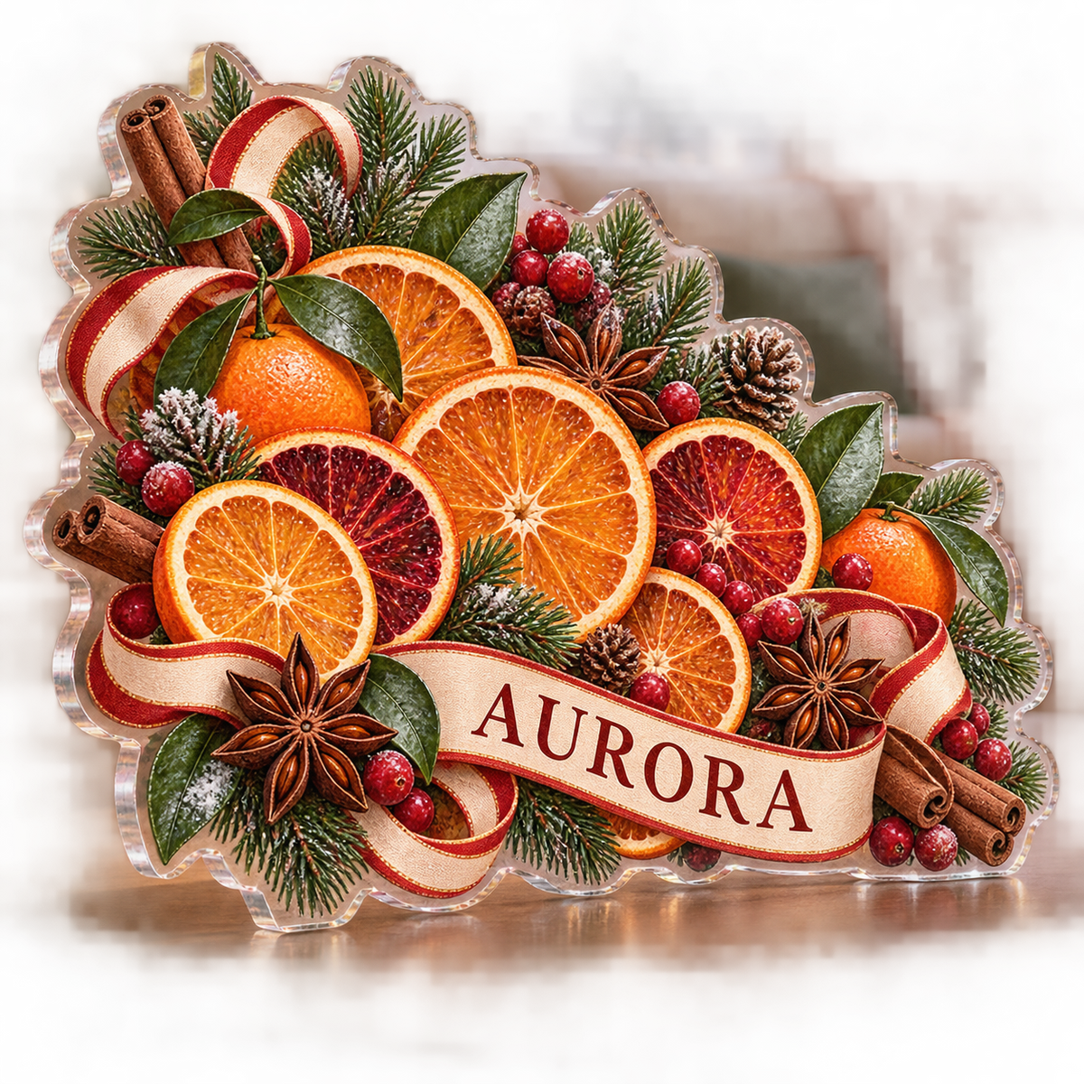 Artwork visualization: Holiday citrus slices — winter sofa decoration, personalized AURORA, subject-shaped acrylic with printed optical 3D depth; not carved relief.