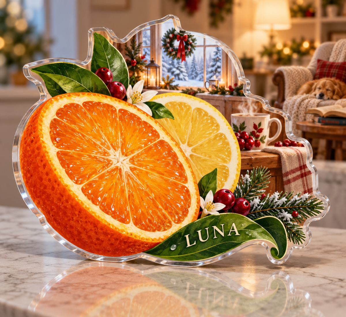 Artwork visualization: Holiday citrus slices — cozy winter reading, personalized LUNA, subject-shaped acrylic with printed optical 3D depth; not carved relief.