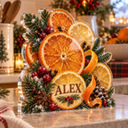 Artwork visualization: Holiday citrus slices — host holiday gift, personalized ALEX, subject-shaped acrylic with printed optical 3D depth; not carved relief.