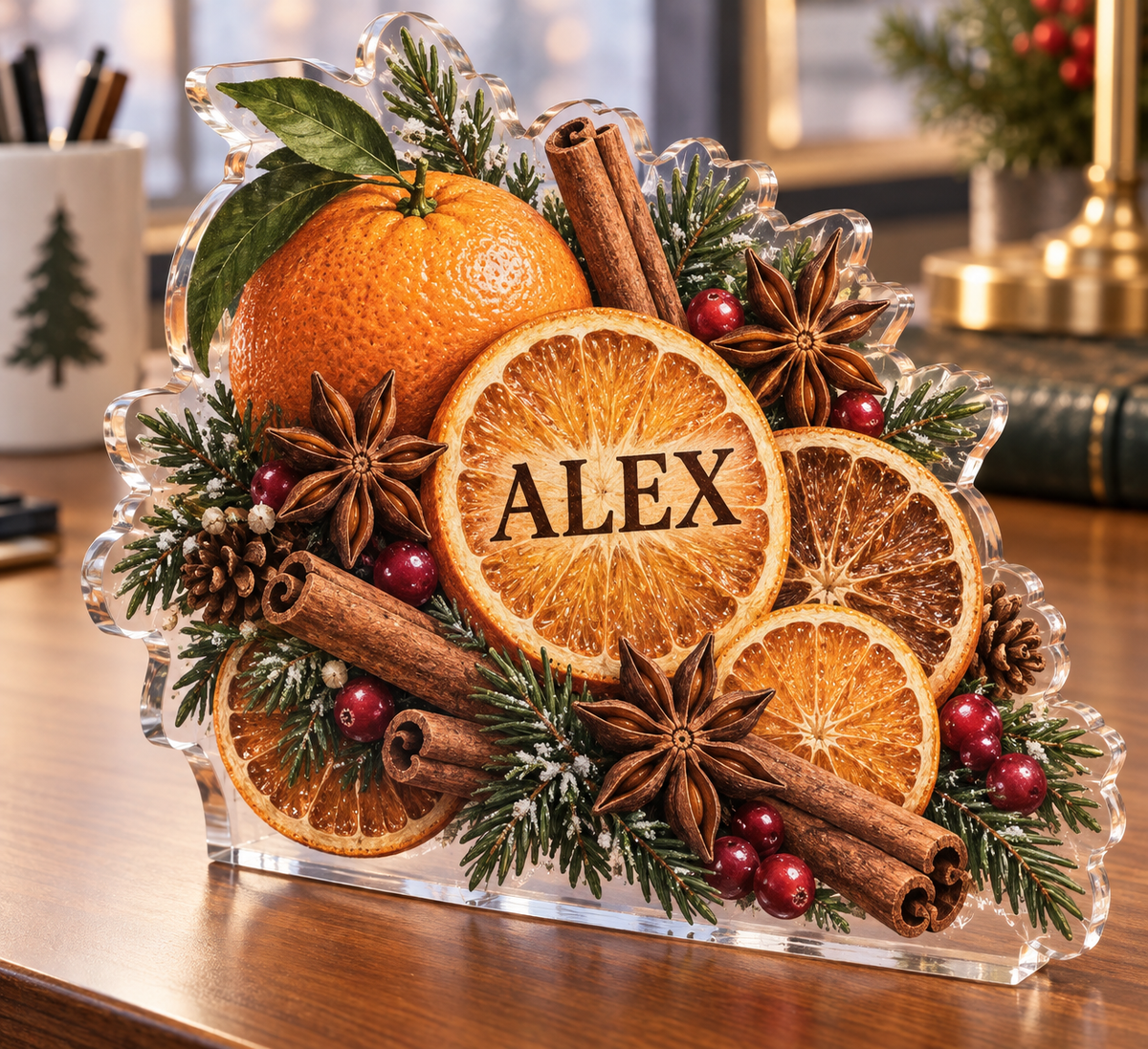 Artwork visualization: Holiday citrus slices — office winter desk, personalized ALEX, subject-shaped acrylic with printed optical 3D depth; not carved relief.