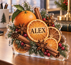 Artwork visualization: Holiday citrus slices — office winter desk, personalized ALEX, subject-shaped acrylic with printed optical 3D depth; not carved relief.