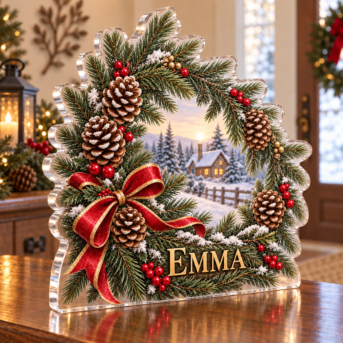 Artwork visualization: Pine and pinecone wreath — family Christmas keepsake, personalized EMMA, subject-shaped acrylic with printed optical 3D depth; not carved relief.