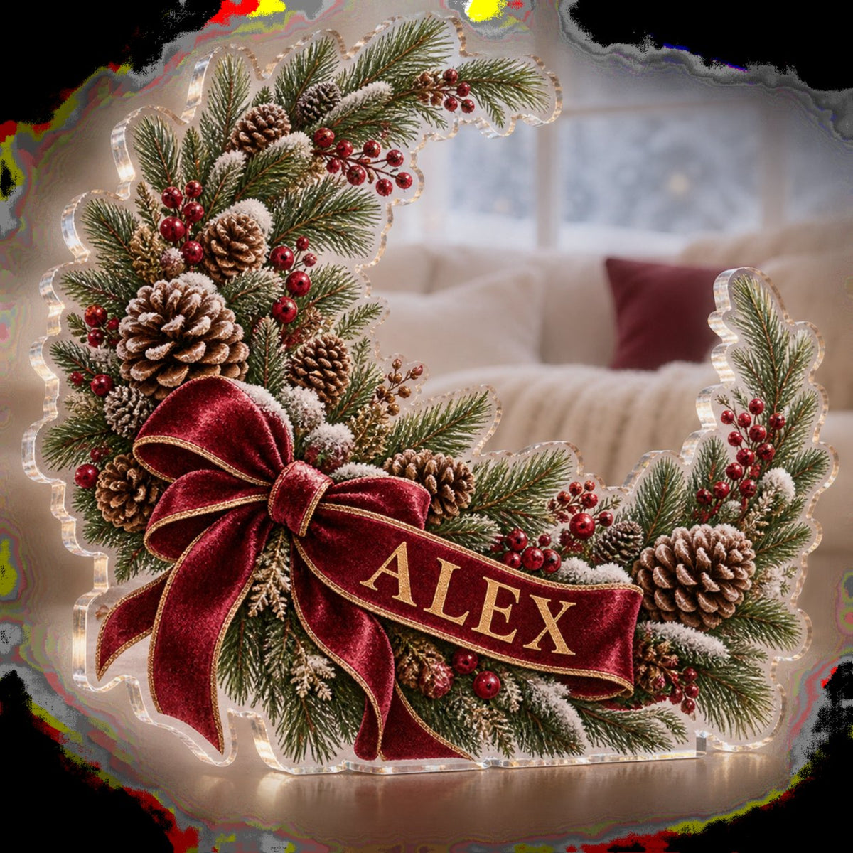 Personalized Pine And Pinecone Wreath Winter Sofa Decoration custom shape acrylic plaque with an example name set into the artwork, digital preview