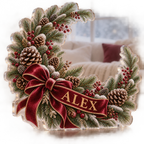 Artwork visualization: Pine and pinecone wreath — winter sofa decoration, personalized ALEX, subject-shaped acrylic with printed optical 3D depth; not carved relief.