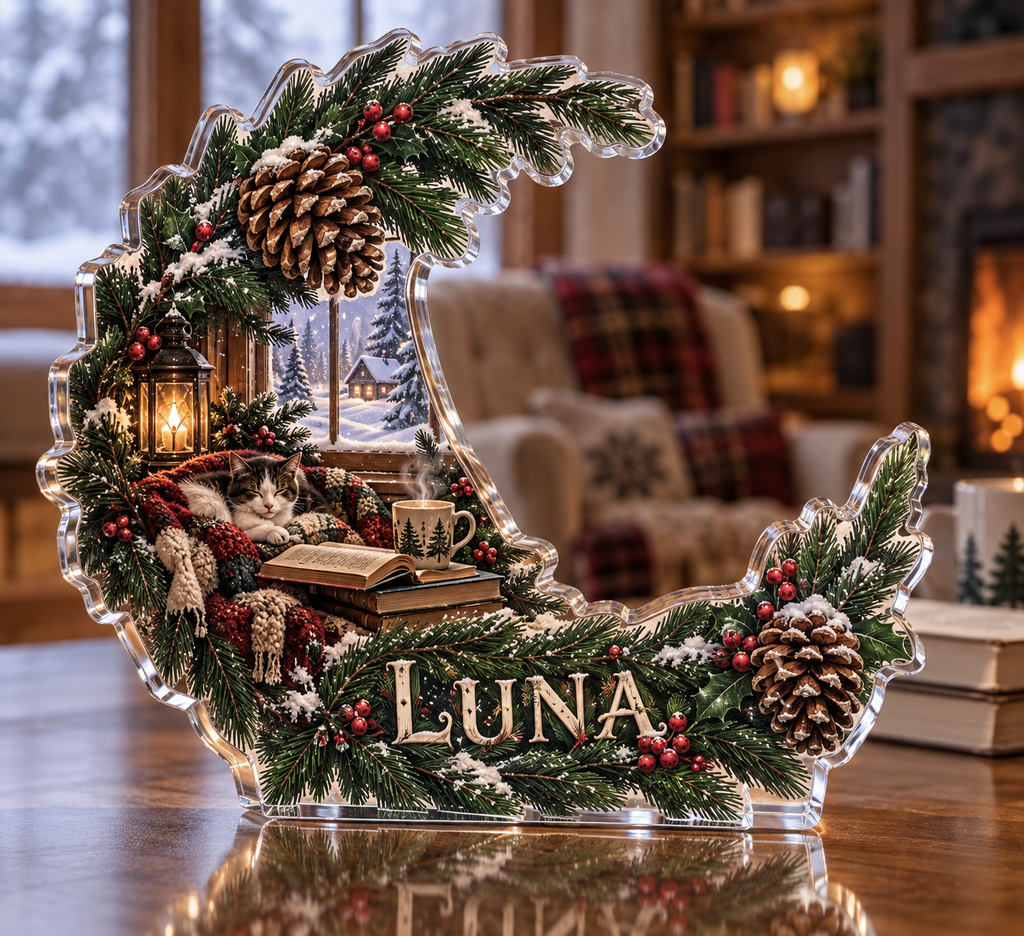 Artwork visualization: Pine and pinecone wreath — cozy winter reading, personalized LUNA, subject-shaped acrylic with printed optical 3D depth; not carved relief.