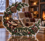 Artwork visualization: Pine and pinecone wreath — cozy winter reading, personalized LUNA, subject-shaped acrylic with printed optical 3D depth; not carved relief.