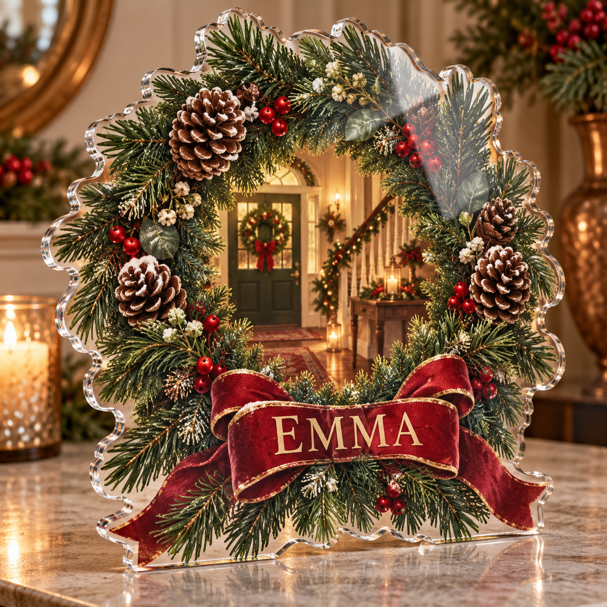 Artwork visualization: Pine and pinecone wreath — host holiday gift, personalized EMMA, subject-shaped acrylic with printed optical 3D depth; not carved relief.