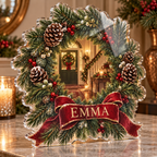 Artwork visualization: Pine and pinecone wreath — host holiday gift, personalized EMMA, subject-shaped acrylic with printed optical 3D depth; not carved relief.