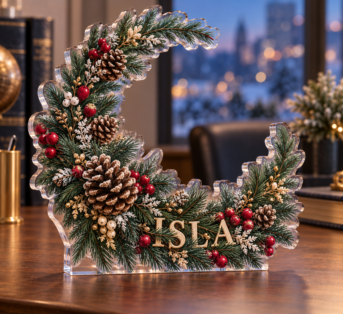Artwork visualization: Pine and pinecone wreath — office winter desk, personalized ISLA, subject-shaped acrylic with printed optical 3D depth; not carved relief.