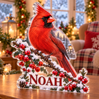 Artwork visualization: Cardinal snow branch — family Christmas keepsake, personalized NOAH, subject-shaped acrylic with printed optical 3D depth; not carved relief.